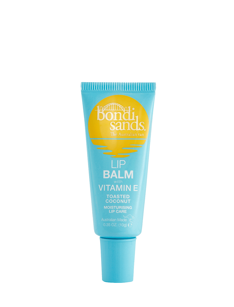 A blue tube of BondiSandsEU Vitamin E Toasted Coconut Lip Balm, formulated with nourishing Shea Butter and labeled “Toasted Coconut.” The tube features a yellow sun graphic and white text, and contains 10g (0.35 oz) of moisturizing lip care.