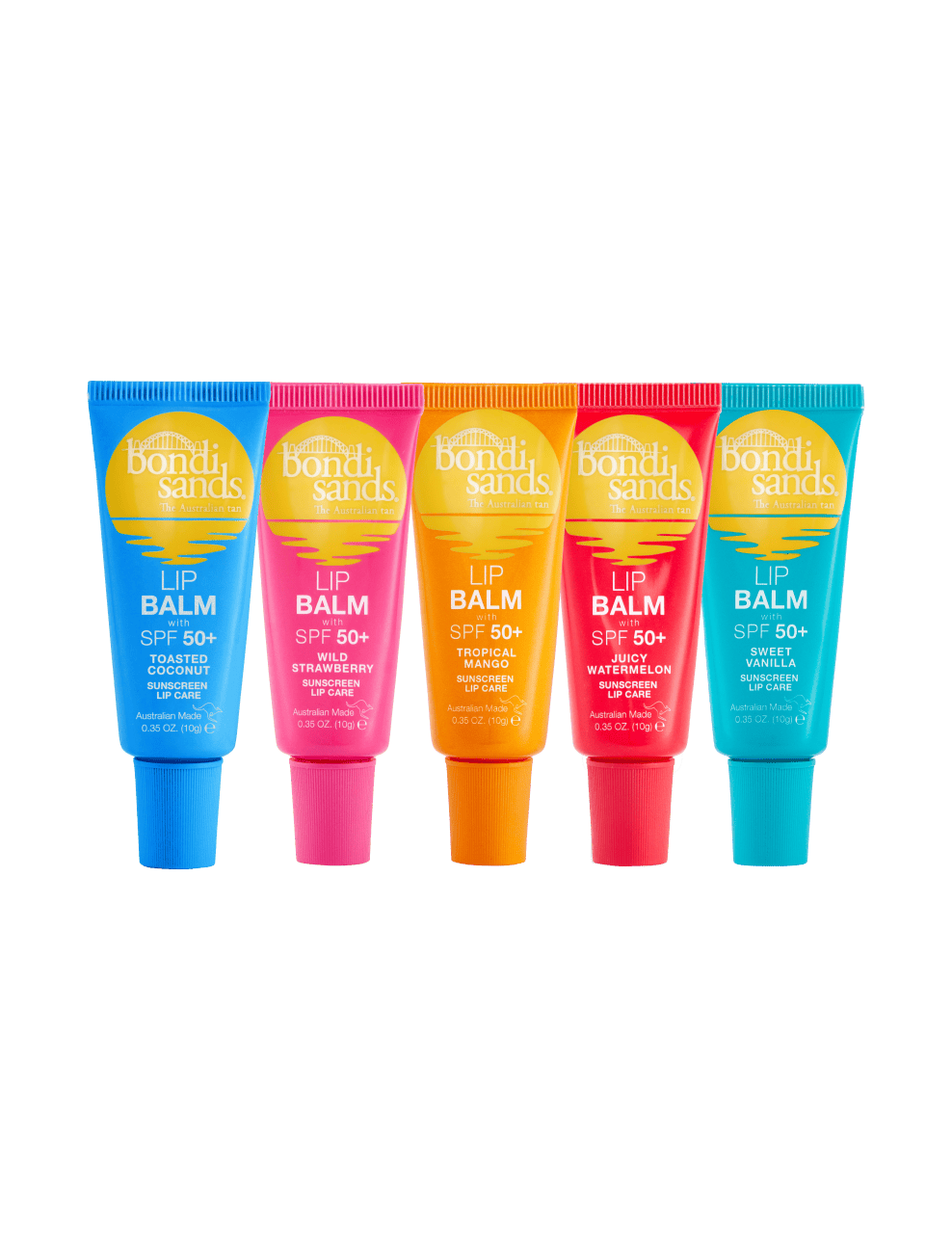 BondiSandsEU’s SPF 50+ Lip Balm Bundle features five hydrating lip balms in Toasted Coconut, Strawberry Peach, Tropical Mango, Watermelon, and Sweet Vanilla flavors for colorful sun protection.