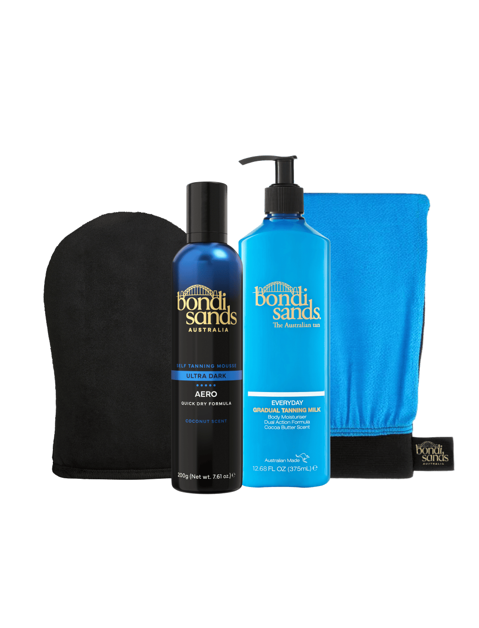 The BondiSandsEU Ultra Dark Aero Self Tanning Routine Bundle includes a black tanning mitt, blue Aero self tanning mousse, blue pump gradual tanning milk, and a blue exfoliating mitt, all displayed on a white background.