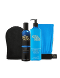 The BondiSandsEU Ultra Dark Aero Self Tanning Routine Bundle includes a black tanning mitt, blue Aero self tanning mousse, blue pump gradual tanning milk, and a blue exfoliating mitt, all displayed on a white background.