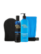 The BondiSandsEU Ultra Dark Aero Self Tanning Routine Bundle includes a black tanning mitt, blue Aero self tanning mousse, blue pump gradual tanning milk, and a blue exfoliating mitt, all displayed on a white background.