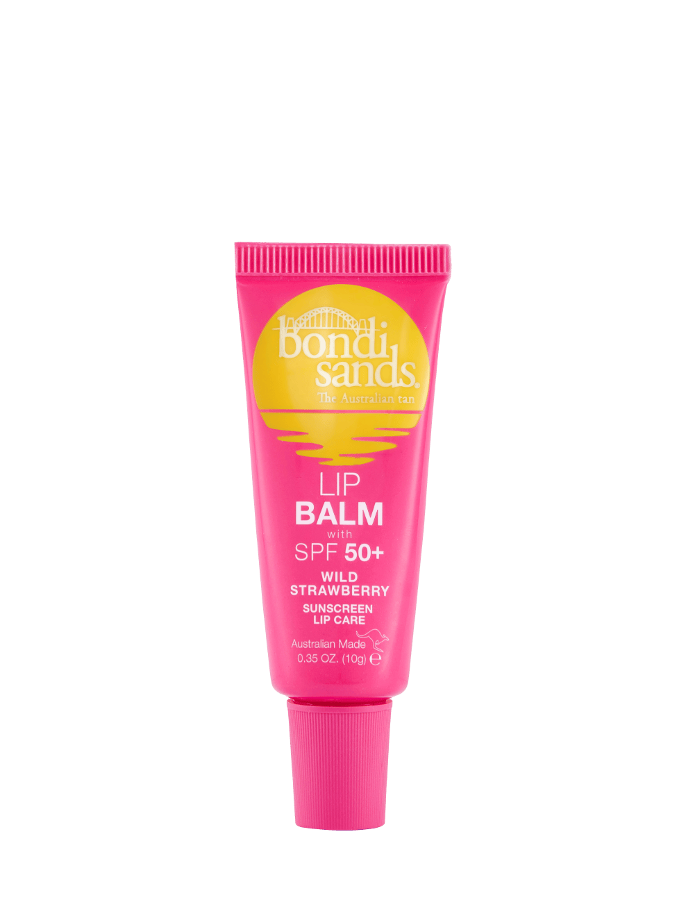 A pink tube of BondiSandsEU Strawberry SPF 50+ Lip Balm with nourishing Shea Butter in Wild Strawberry flavor stands upright against a white background.