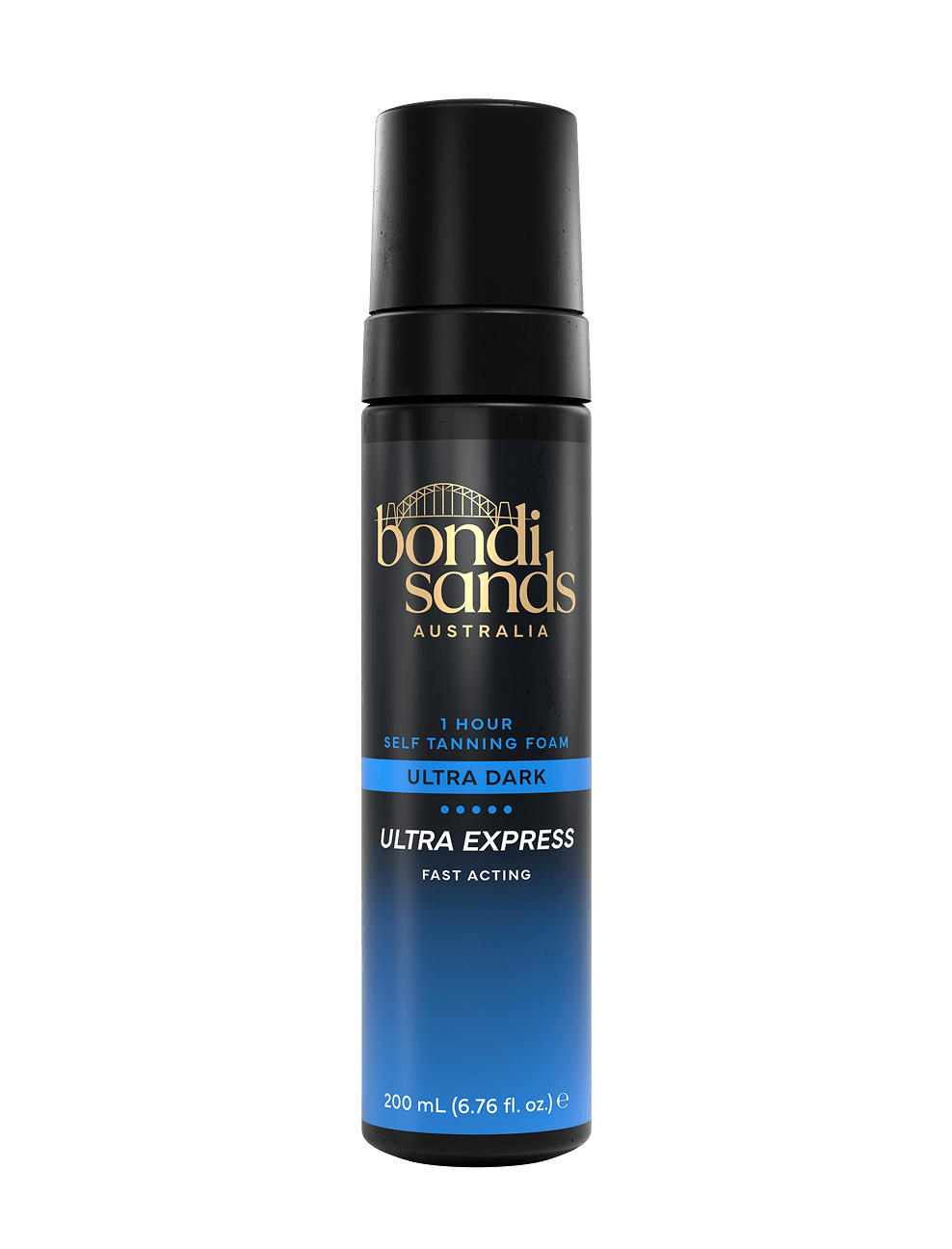 A 200 mL (6.76 fl. oz.) bottle of Bondi Sands Europe Ultra Express Self Tanning Foam, with express tanning and ColourLock Accelerator, in an ultra dark shade, featuring a black cap and blue-to-black gradient design.