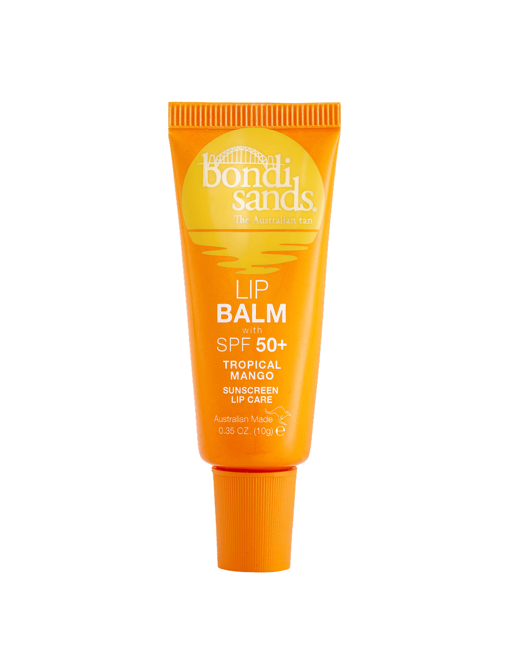 A BondiSandsEU Mango SPF 50+ Lip Balm, in an orange tube, stands upright on a white background, delivering tropical mango flavor and high-level sun protection for your lips.