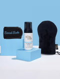 The Bondi Sands Europe Light-Medium Get Glowing 3 Piece Starter Kit is displayed on blue blocks against a blue background—your essentials for achieving a flawless, streak-free tan.