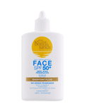 A white bottle of BondiSandsEU Face SPF 50+ Everyday Sunscreen Fluid with a pointed cap, gold and blue text, offers non-greasy, daily moisturizing, very high protection and is suitable for sensitive skin.
