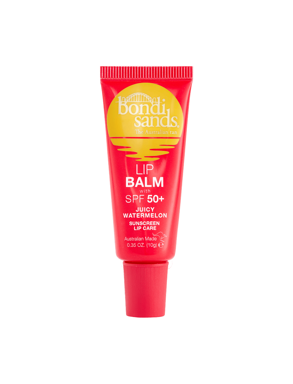 BondiSandsEU Watermelon SPF 50+ Lip Balm comes in a red 0.35 oz (10g) tube with a yellow sun graphic, enriched with shea butter and labeled Juicy Watermelon Sunscreen Lip Care.