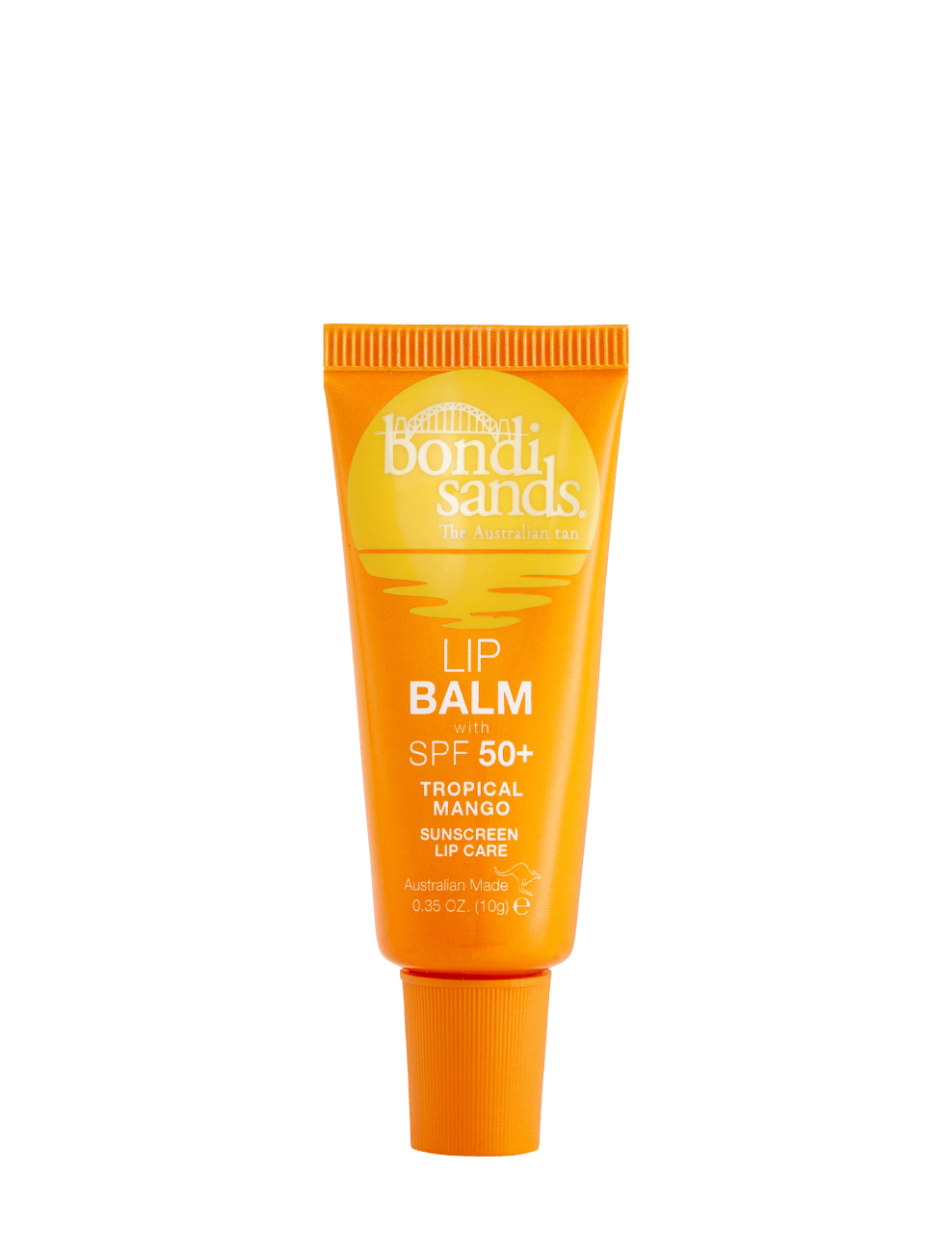 A tube of BondiSandsEU Mango SPF 50+ Lip Balm in vibrant orange, displayed upright against a plain white background. This Tropical Mango-flavored lip balm delivers high sun protection and hydration to keep your lips soft and smooth.