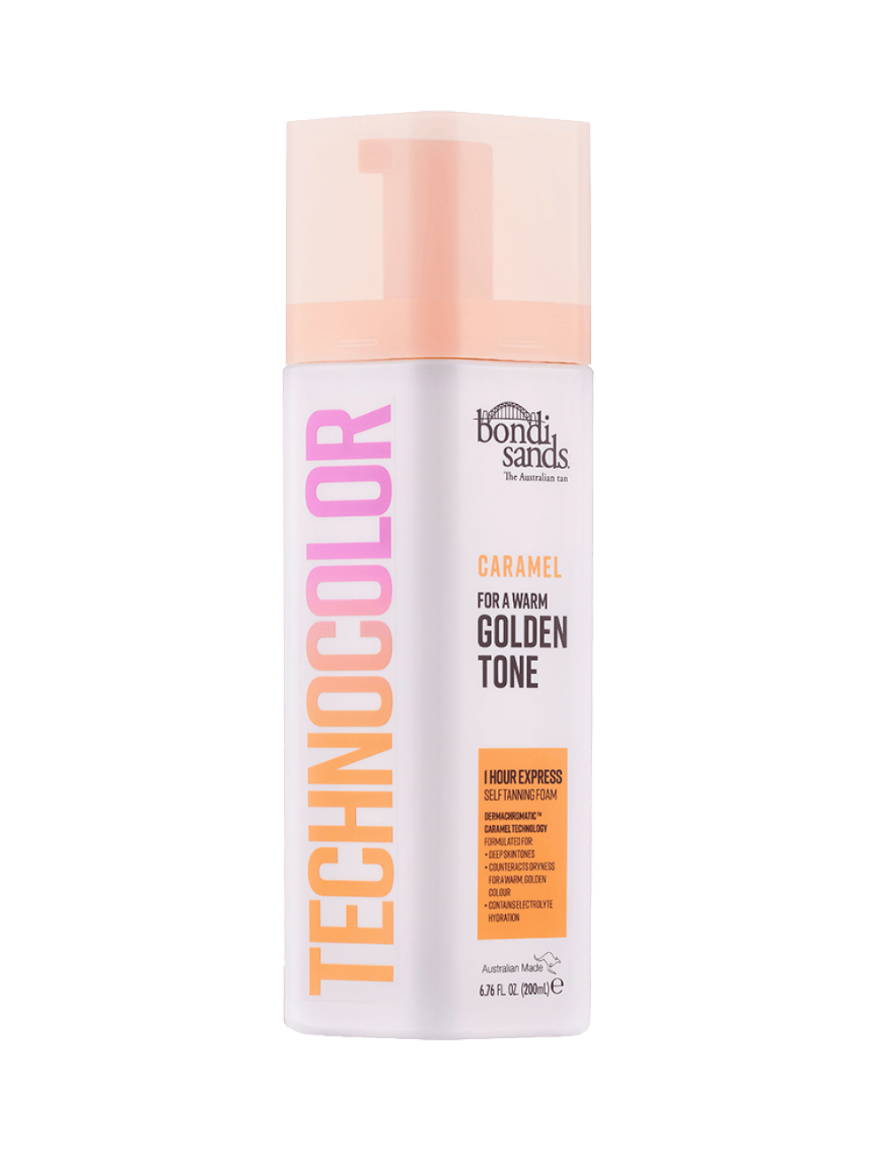 A bottle of BondiSandsEU Caramel Technocolor 1 Hour Express Self Tanning Foam, designed for a warm golden tone. The white pump bottle features orange, pink, and gold text for easy, customizable tanning.