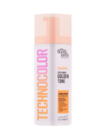 A bottle of BondiSandsEU Caramel Technocolor 1 Hour Express Self Tanning Foam, designed for a warm golden tone. The white pump bottle features orange, pink, and gold text for easy, customizable tanning.