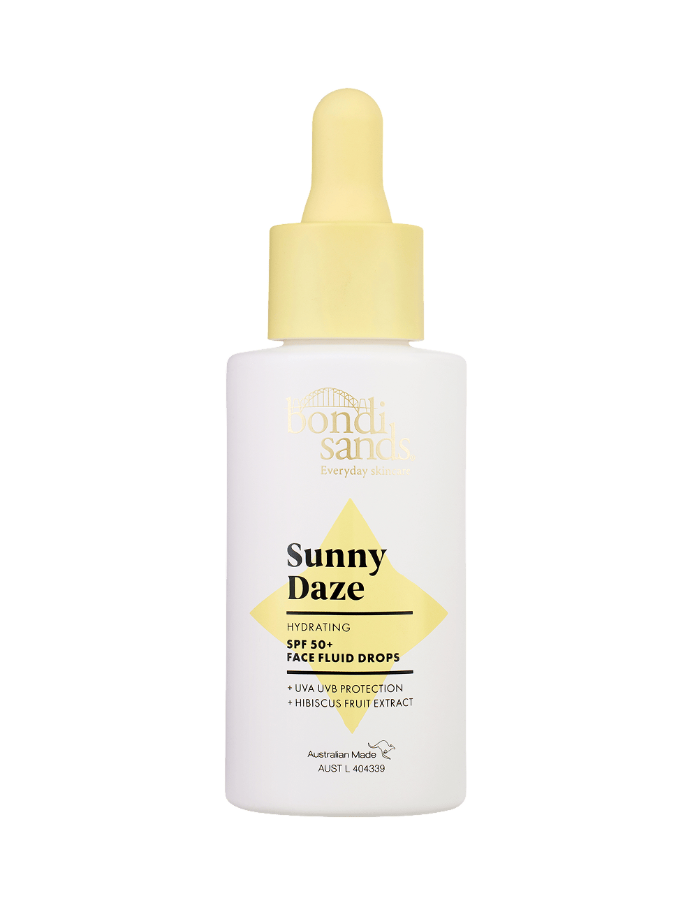 A white bottle with a yellow dropper cap labeled BondiSandsEU Sunny Daze Hydrating SPF 50+ Face Fluid Drops, offering chemical UVA/UVB protection and hibiscus fruit extract in hydrating sunscreen drops.