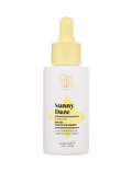 A white bottle with a yellow dropper cap labeled BondiSandsEU Sunny Daze Hydrating SPF 50+ Face Fluid Drops, offering chemical UVA/UVB protection and hibiscus fruit extract in hydrating sunscreen drops.