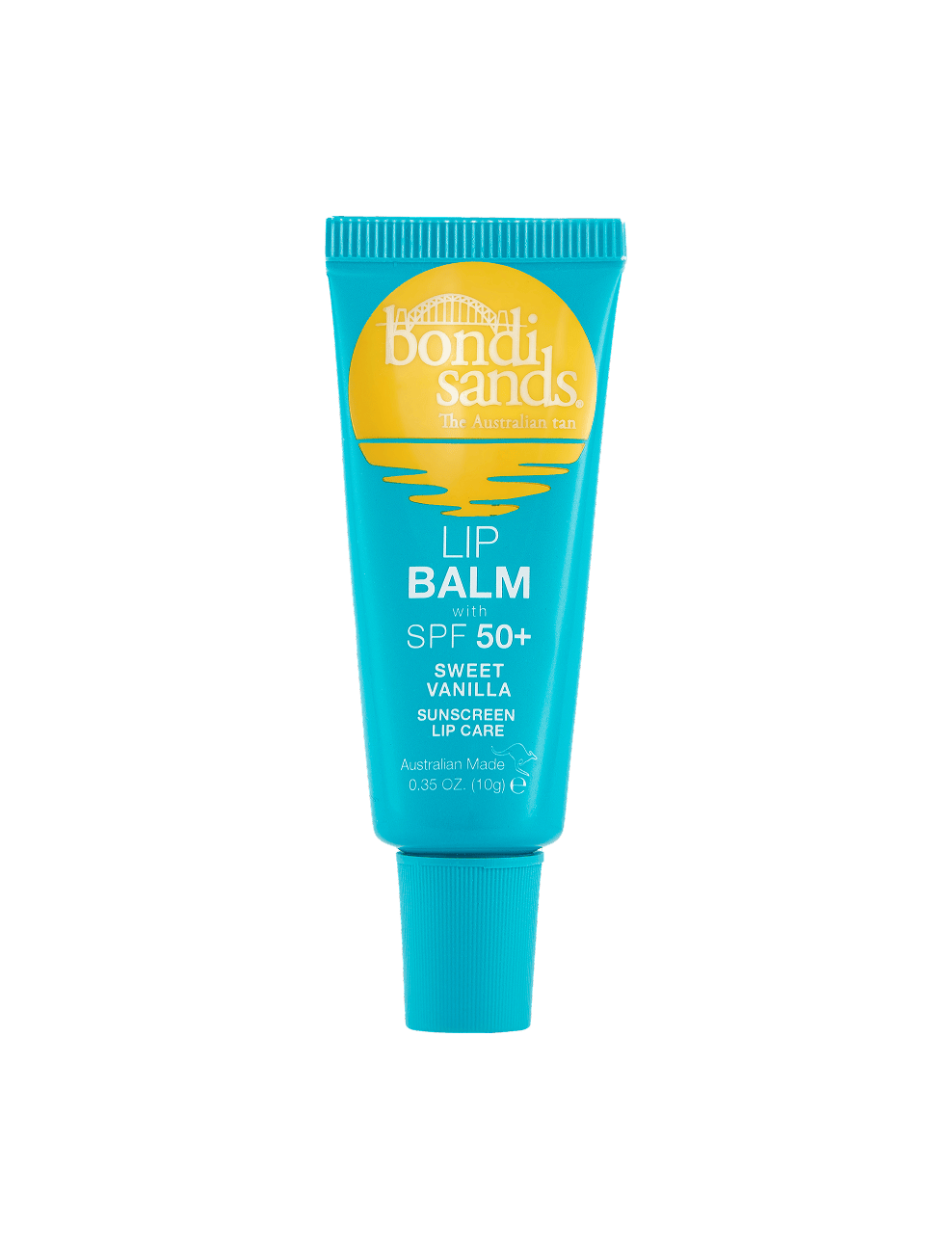 BondiSandsEU Vanilla SPF 50+ Lip Balm is a blue tube with yellow sun graphics, white text, sweet vanilla flavor, and hydrating benefits.