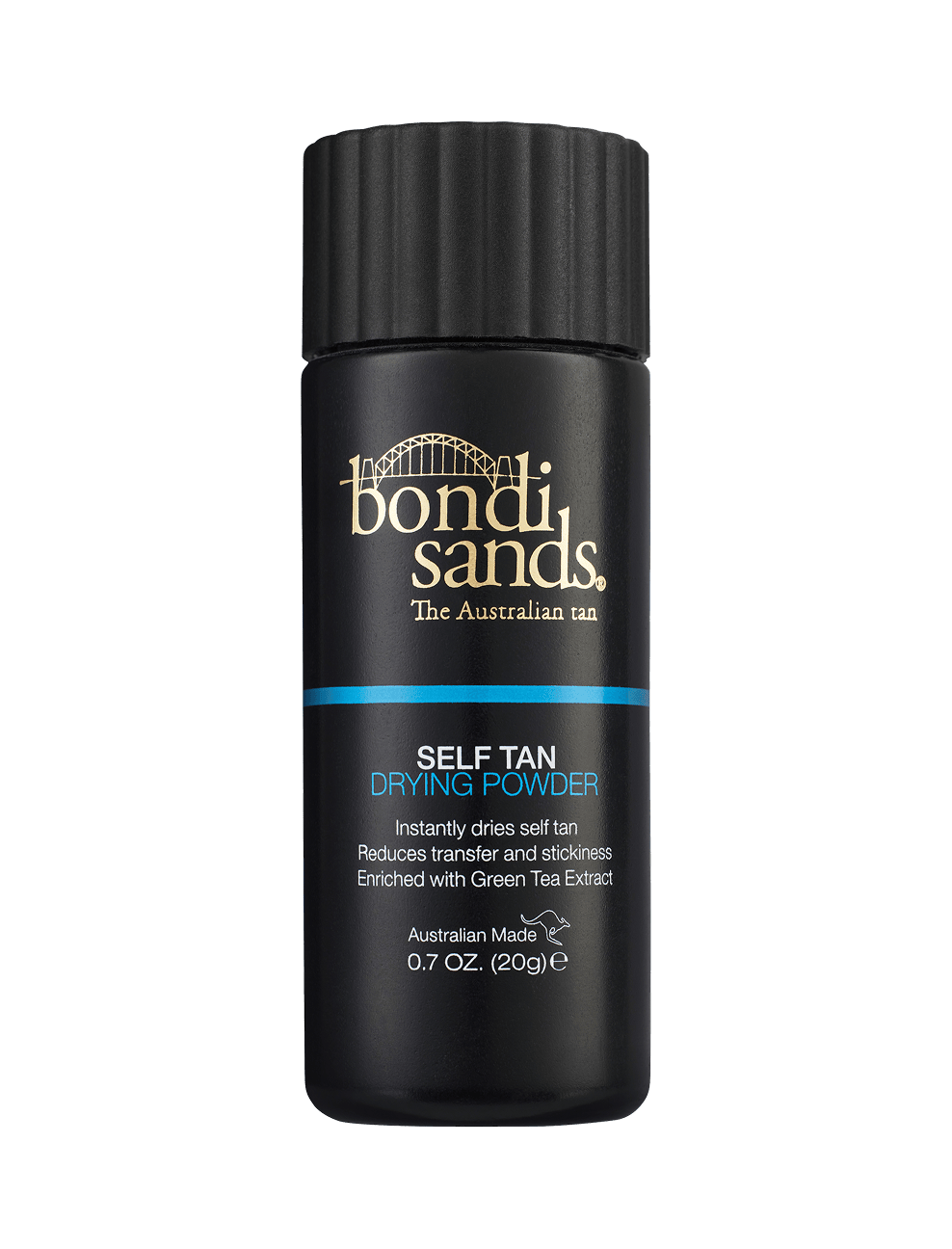 A black 0.7 oz (20g) bottle of BondiSandsEU Self Tan Drying Powder features gold and white branding with a blue accent, highlighting its benefits—ideal for a flawless finish in your tanning routine.