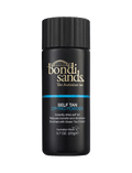 A black 0.7 oz (20g) bottle of BondiSandsEU Self Tan Drying Powder features gold and white branding with a blue accent, highlighting its benefits—ideal for a flawless finish in your tanning routine.