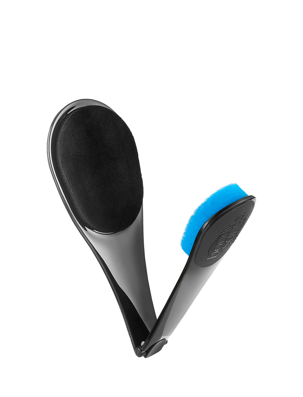 The BondiSandsEU Back Applicator is a black plastic tool with a hinged design, featuring a black sponge on one side and a blue sponge on the other, shown against a plain white background.