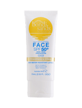A white 75 mL tube of BondiSandsEU Face SPF 50+ Everyday Sunscreen Lotion with blue and yellow text plus a gold arch logo, featuring non-comedogenic, daily moisturising formula.