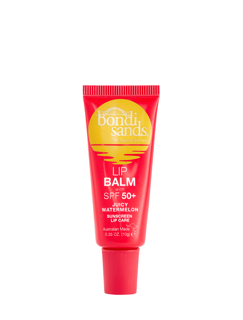 BondiSandsEU Watermelon SPF 50+ Lip Balm in a red tube delivers ultimate lip protection with a juicy watermelon flavor. The packaging features yellow and white text, a sun graphic, and stands upright on a white background.