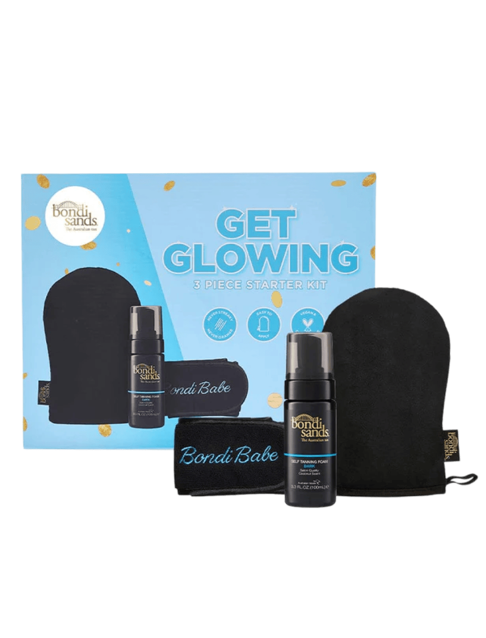 The Bondi Sands Europe Dark Get Glowing 3 Piece Starter Kit includes a self-tanning foam, application mitt, and black headband, all displayed in front of its blue and gold box.