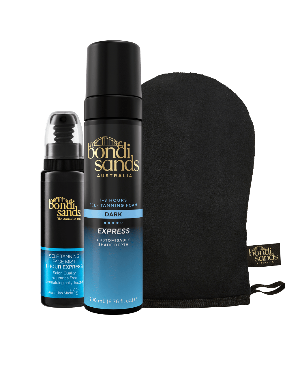 The BondiSandsEU Express Self Tanning Bundle, featuring the 1 Hour Express Face Mist, Express Self Tanning Foam, and a black applicator mitt, is displayed together on a white background.