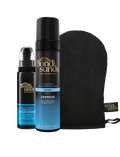 The BondiSandsEU Express Self Tanning Bundle, featuring the 1 Hour Express Face Mist, Express Self Tanning Foam, and a black applicator mitt, is displayed together on a white background.