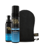 The BondiSandsEU Express Self Tanning Bundle, featuring the 1 Hour Express Face Mist, Express Self Tanning Foam, and a black applicator mitt, is displayed together on a white background.