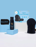 The Bondi Sands Europe Dark Get Glowing 3 Piece Starter Kit is the perfect tanning gift set, featuring essentials beautifully displayed against a light blue background.