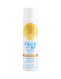 A white spray can of BondiSandsEU SPF 50+ Everyday Sunscreen Face Mist, with blue and gold text and a gold sun logo. The label shows very high UVA & UVB protection, fast-absorbing formula, in a 2.7 fl oz (79 mL) size.