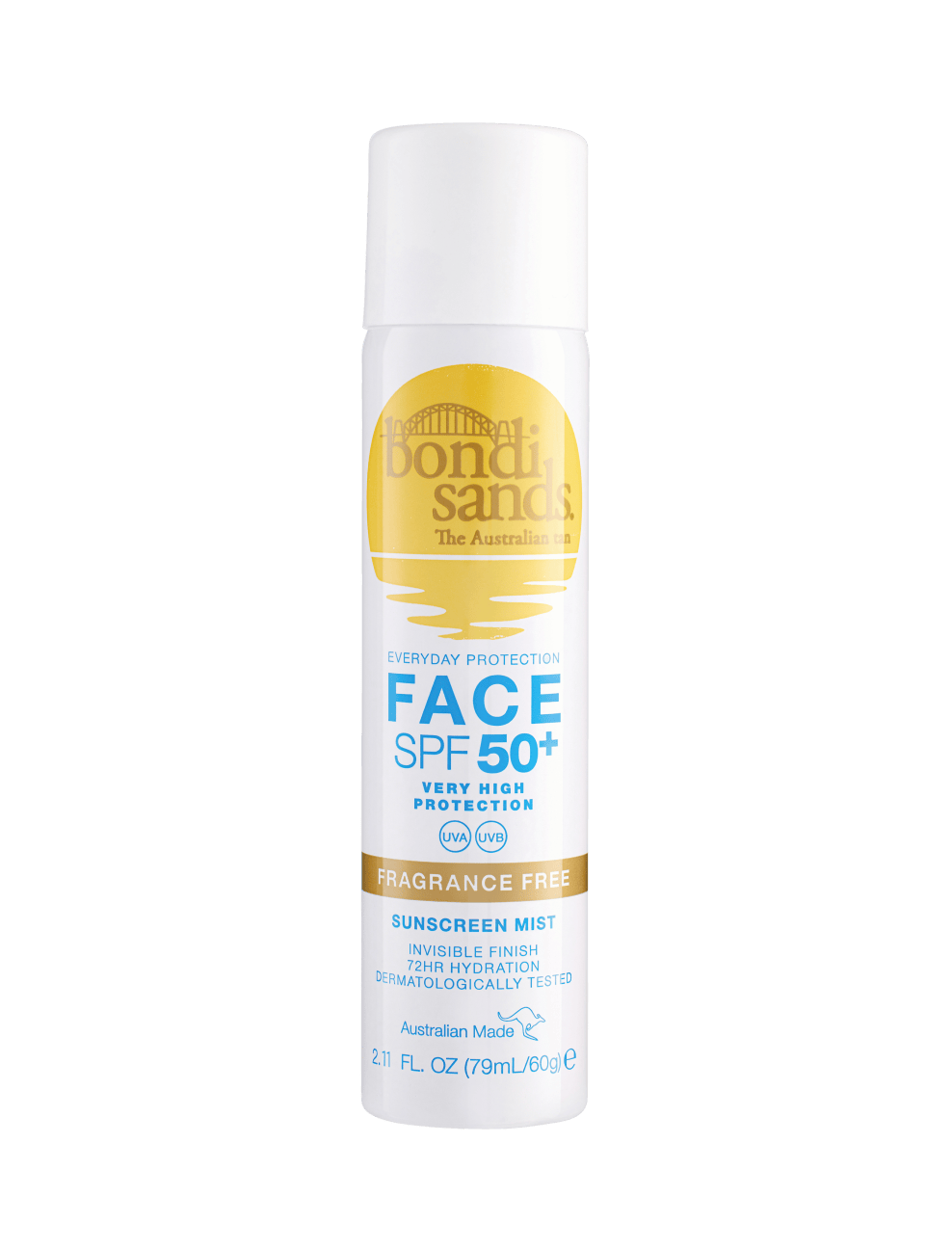 A white spray bottle of BondiSandsEU SPF 50+ Everyday Sunscreen Face Mist, with blue and gold label text, offering very high UVA & UVB protection and dermatologically tested for safe, effective coverage.