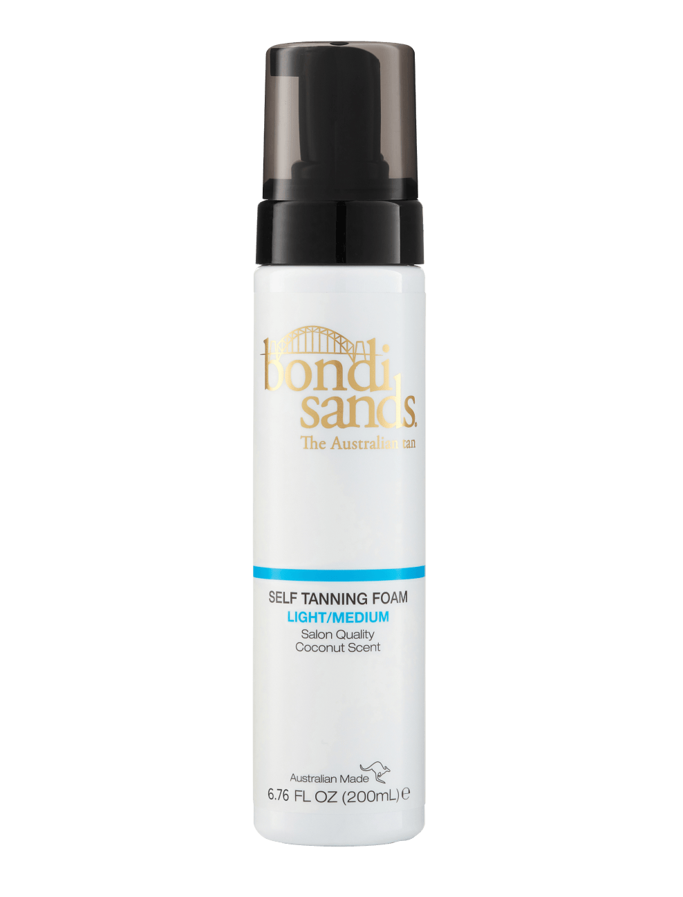 A white bottle of BondiSandsEU Light/Medium Self Tanning Foam with a black pump features "Salon Quality," "Coconut Scent," and 6.76 fl oz (200 mL) on the label, promising a flawless finish and natural glow.