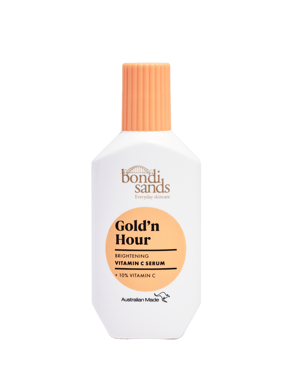 A white bottle of BondiSandsEU Gold'n Hour Vitamin C Serum with an orange cap and circular orange label, featuring 10% vitamin C to help brighten skin. Australian made.