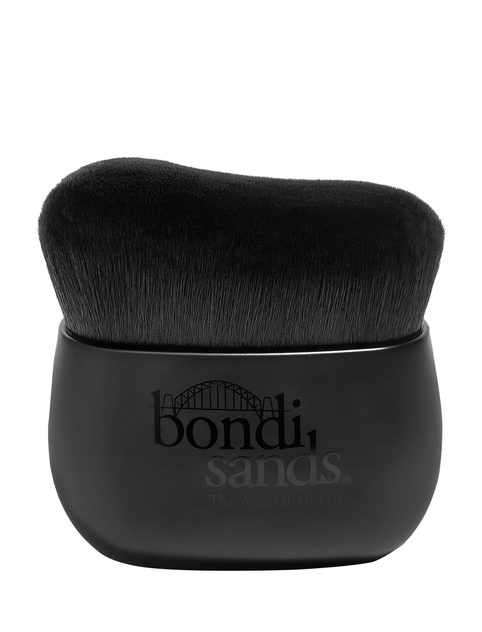 The BondiSandsEU Body Brush features dense, black bristles and a curved handle with the Bondi Sands logo and bridge in black, designed for streak-free blending of self-tanning products. The background is white.