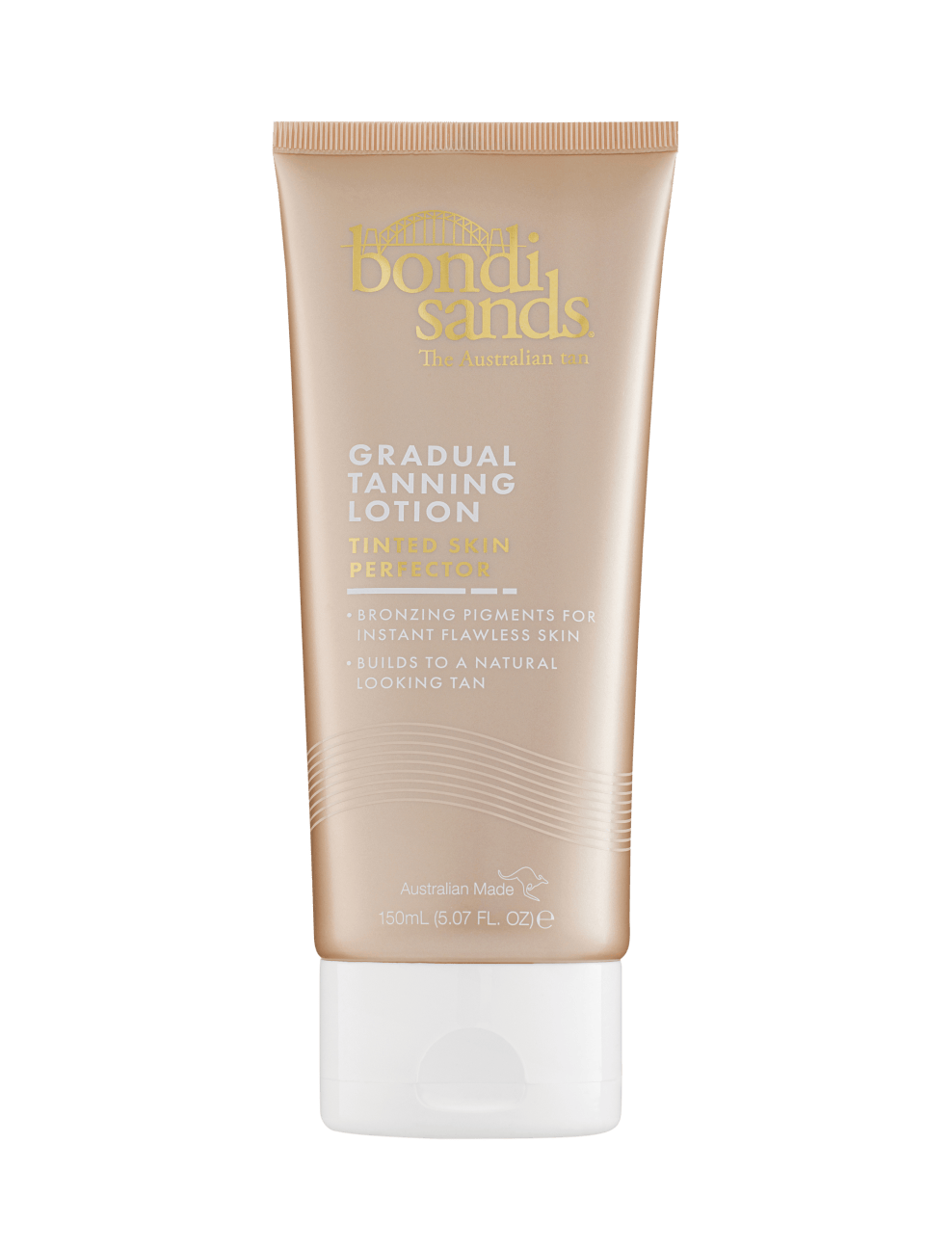 A beige tube of BondiSandsEU Tinted Skin Perfector Gradual Tanning Lotion with gold and white text stands upright against a white background.