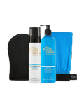The BondiSandsEU Light-Medium Self Tanning Routine Bundle includes self tanning foam, gradual tanning milk, a black mitt, and a blue towel, all displayed upright against a white background.