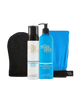 The BondiSandsEU Light/Medium Self Tanning Routine Bundle includes a black exfoliating mitt, self tanning foam, gradual tanning milk, and a blue cloth for a complete at-home tan.