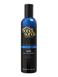 A blue and black 200g BondiSandsEU Ultra Dark Aero Self Tanning Mousse bottle features gold and white text, a quick dry formula, coconut scent, and contains 7.61 oz.