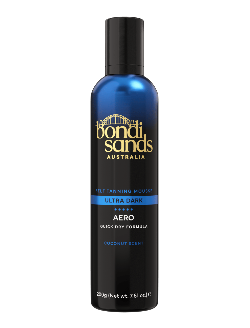 A blue and black 200g BondiSandsEU Ultra Dark Aero Self Tanning Mousse bottle features gold and white text, a quick dry formula, coconut scent, and contains 7.61 oz.