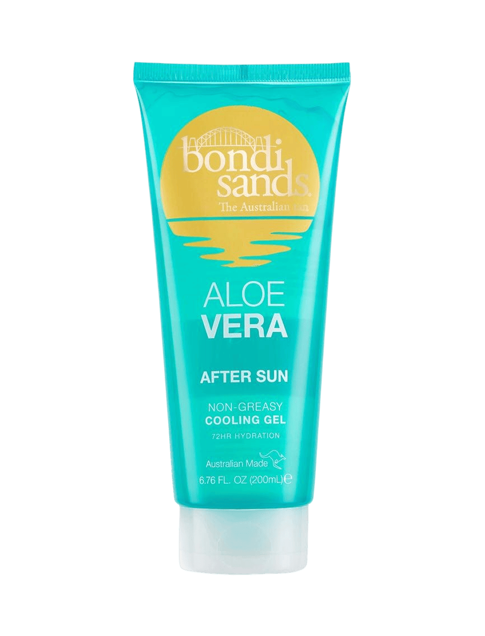 BondiSandsEU Aloe Vera After Sun Gel in a turquoise 200 mL tube with yellow and white text cools skin, is non-greasy, enriched with Vitamin E, and provides advanced after-sun care with 72-hour hydration.