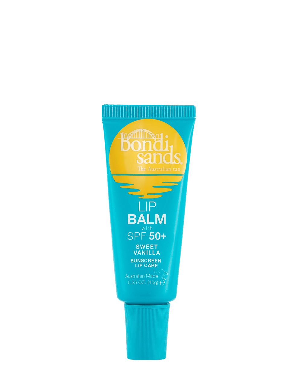 A blue tube of BondiSandsEU Vanilla SPF 50+ Lip Balm, labeled Sweet Vanilla, provides sun protection and is infused with nourishing shea butter. The yellow logo shows a sun over water, and the tube contains 10g (0.35 oz) of product.