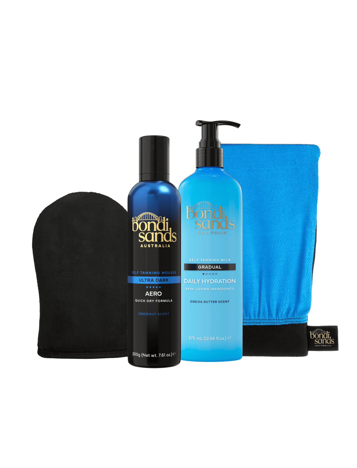 A BondiSandsEU Aero Dark Self Tanning Mousse Bundle containing a bottle of mousse, a bottle of self-tanning milk, an exfoliating mitt, and an application mitt.