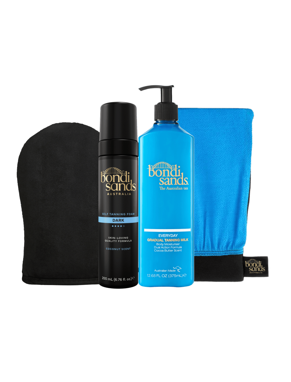 BondiSandsEU Dark Self Tanning Routine Bundle includes a black mitt, dark self tanning foam, blue pump bottle of gradual tanning milk, and a blue towel, all elegantly displayed against a white background.