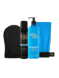 BondiSandsEU Dark Self Tanning Routine Bundle includes a black mitt, dark self tanning foam, blue pump bottle of gradual tanning milk, and a blue towel, all elegantly displayed against a white background.