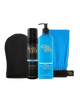 BondiSandsEU Dark Self Tanning Routine Bundle includes a black mitt, dark self tanning foam, blue pump bottle of gradual tanning milk, and a blue towel, all elegantly displayed against a white background.