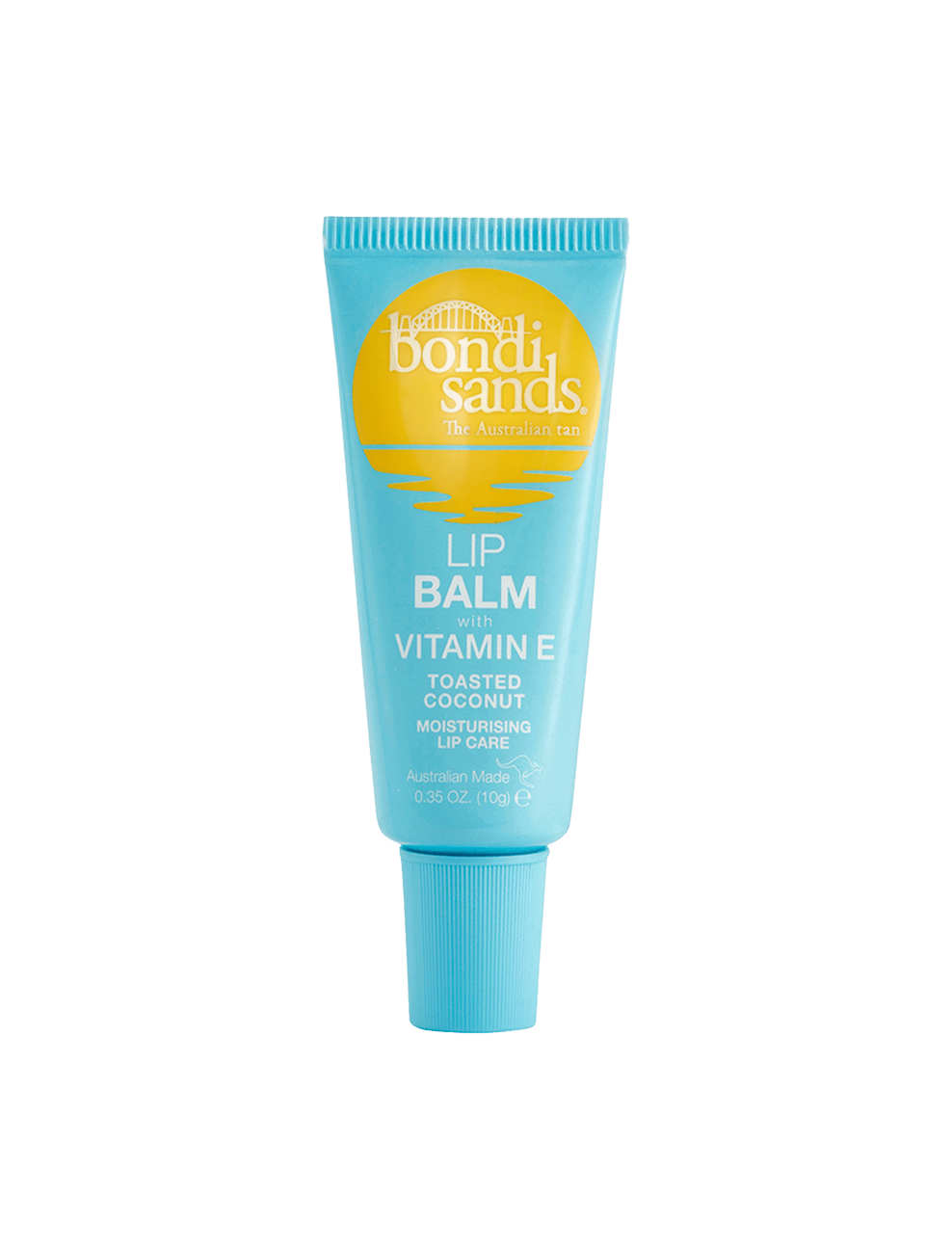 A blue tube of BondiSandsEU Vitamin E Toasted Coconut Lip Balm, featuring a yellow sun logo and labeled "Moisturising Lip Care," designed to hydrate lips, is shown on a white background.