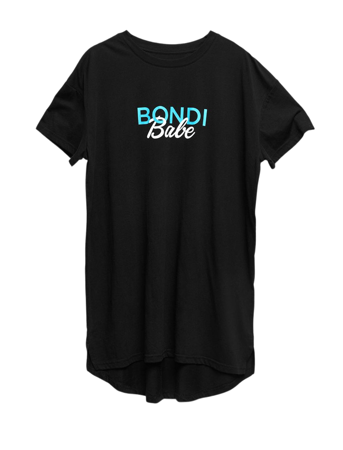The BondiSandsEU Bondi Babe Self Tanning Tee is a black short-sleeve shirt with "BONDI Babe" in blue and white on the front, featuring a slightly curved hem, ideal for comfortable sleep.