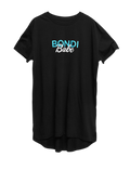 The BondiSandsEU Bondi Babe Self Tanning Tee is a black short-sleeve shirt with "BONDI Babe" in blue and white on the front, featuring a slightly curved hem, ideal for comfortable sleep.