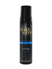 A black 200 mL bottle of BondiSandsEU Ultra Dark Self Tanning Foam with gold and blue accents, featuring a coconut scent and advanced tanning actives for a skin-loving tan.