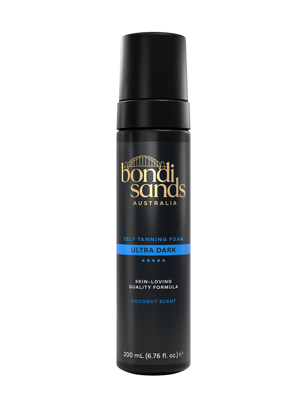 A black 200 mL bottle of BondiSandsEU Ultra Dark Self Tanning Foam with gold and blue accents, featuring a coconut scent and advanced tanning actives for a skin-loving tan.