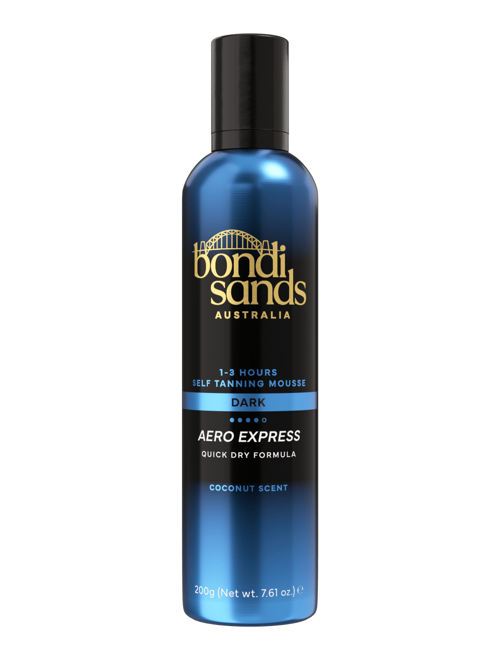 A blue and black 200g bottle of BondiSandsEU Express Aero Self Tanning Mousse with gold text, delivering a deep bronze finish. This quick-dry self tanner has a coconut scent and is shown against a white background.