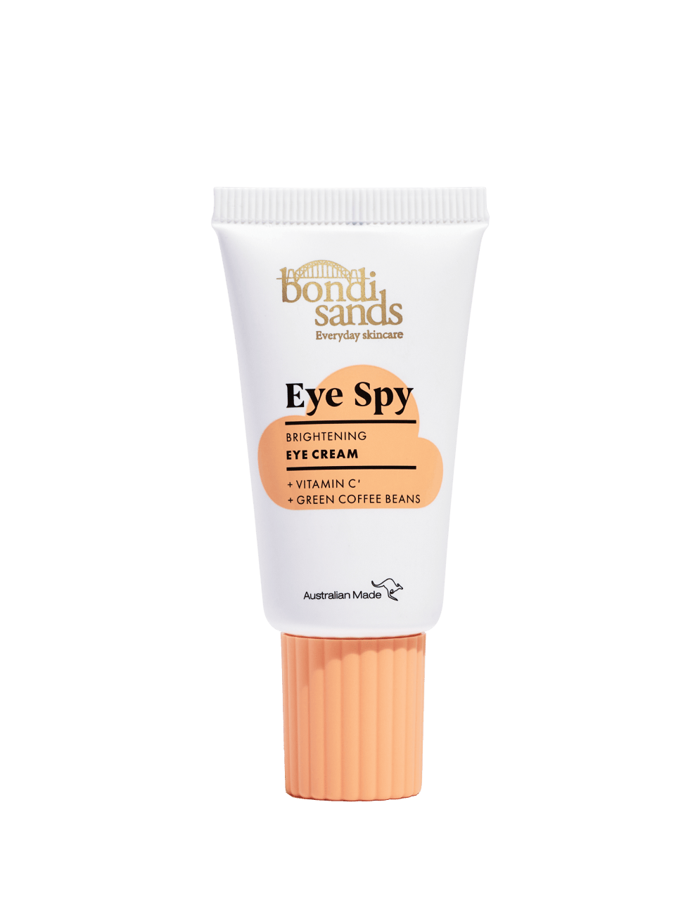 A white tube of BondiSandsEU Eye Spy Vitamin C Eye Cream with a peach-colored cap and label, formulated to brighten under eyes and target dark circles with Vitamin C and green coffee beans, marked Australian Made.